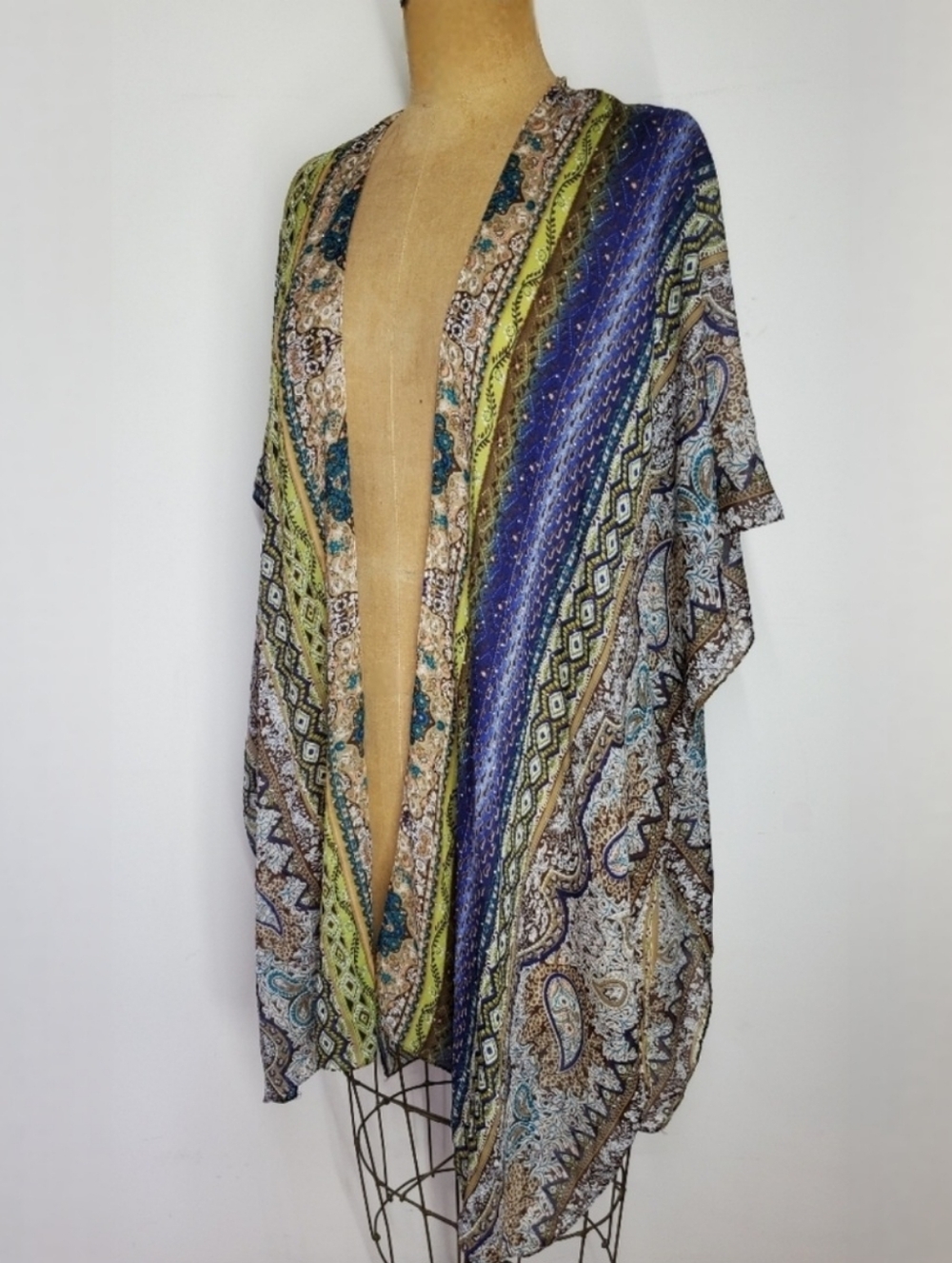 Jessica McClintock Scarf Shawl Wrap Cardigan Indigo Olive Paisley Floral Stripe - Picture 3 of 10
